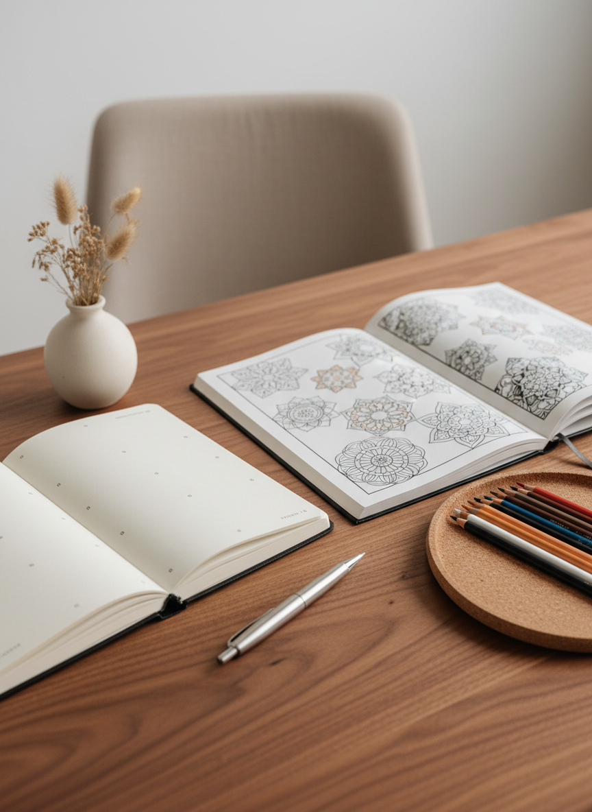 An elegantly styled workspace featuring a single, open journal with creamy unlined pages, centered on a walnut writing desk with visible grain. A sleek metal pen lies beside a page filled with neatly spaced bullet-point reflections. To the right, a minimalist black-and-white coloring book is partially open, revealing geometric mandala designs in the process of being shaded with artist-grade colored pencils arranged on a natural cork tray. A simple ceramic vase holds a few dried grasses, and a linen-covered chair back is softly out of focus. Diffused overcast daylight from a nearby window creates an even, soft illumination with subtle highlights along the pen and pencil edges. Photographic realism, shot from a slightly elevated three-quarter angle, emphasizes clarity and order while conveying a quiet, sophisticated atmosphere ideal for pausing and remembering.