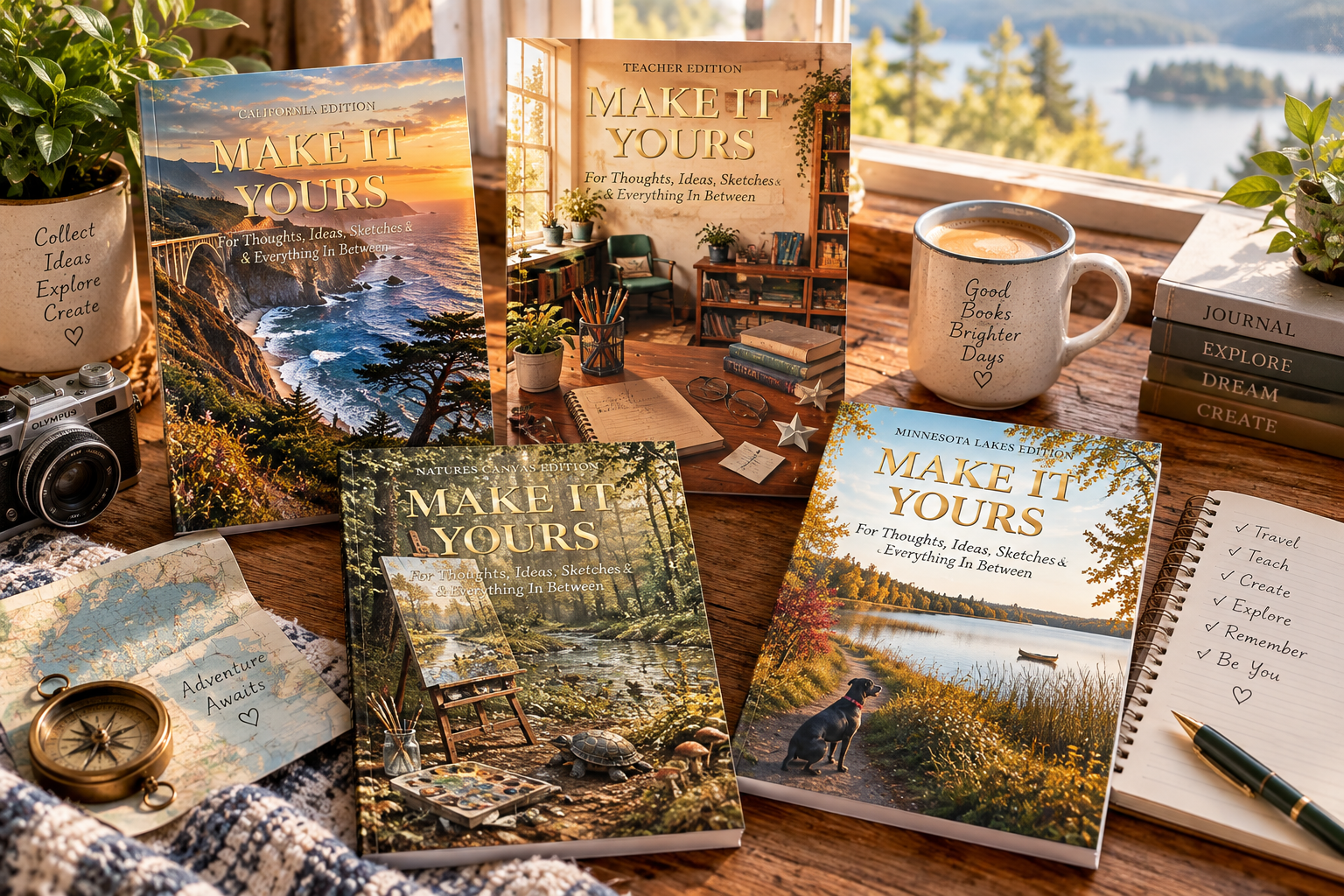 Make It Yours journal collection with various covers displayed on a wooden table surrounded by creative items