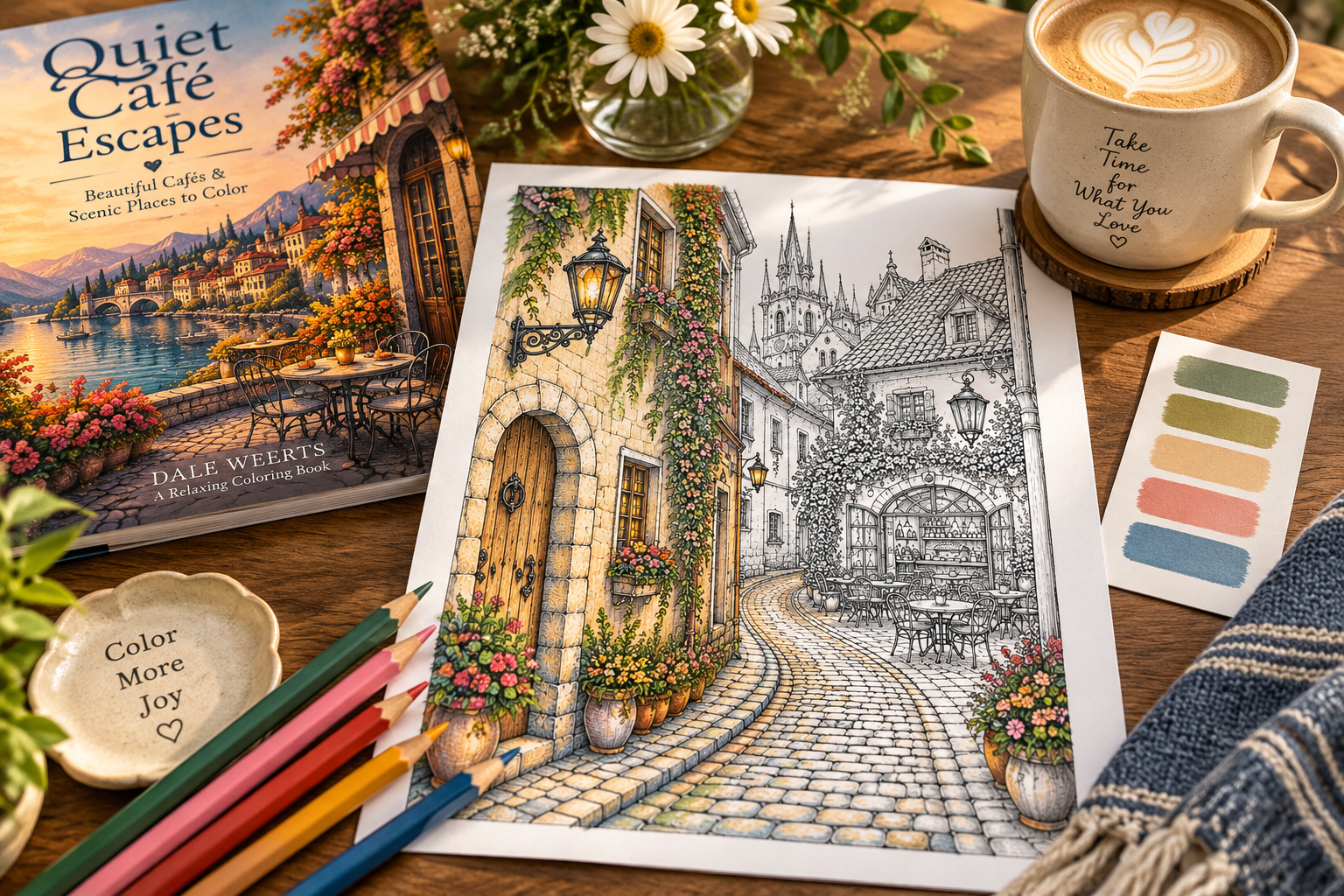 Coloring book and café imagery showcasing Quiet Café Escapes