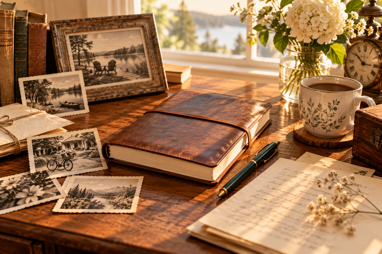 A peaceful desk arrangement with an open leather journal, vintage photographs, flowers, and a warm cup of tea by a sunlit window