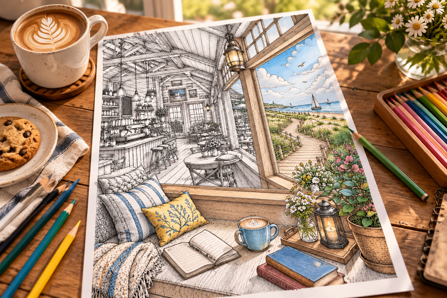 Partially colored seaside café coloring page from Quiet Café Escapes, surrounded by colored pencils and a cup of coffee on a sunlit wooden table.