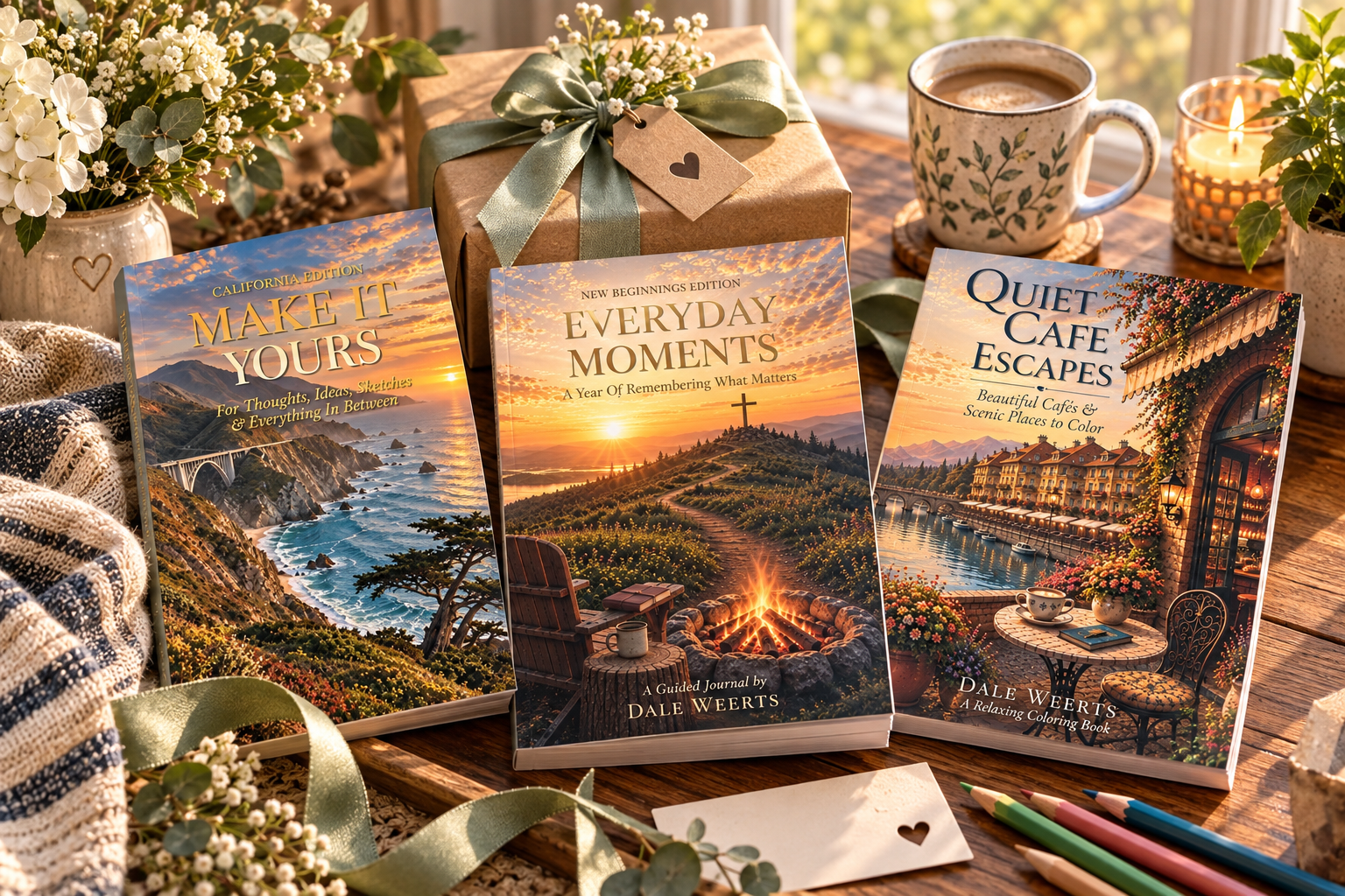 Quiet Harbor Books gift collection featuring Make It Yours, Everyday Moments, and Quiet Cafe Escapes journals displayed with flowers, coffee, and creative supplies